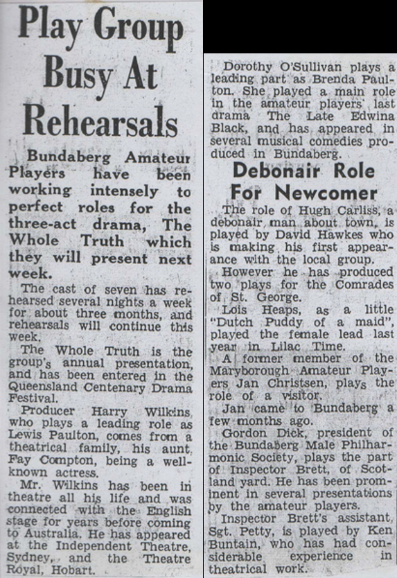 The Whole Truth newspaper clipping with heading of Play Group Busy at Rehearsals
