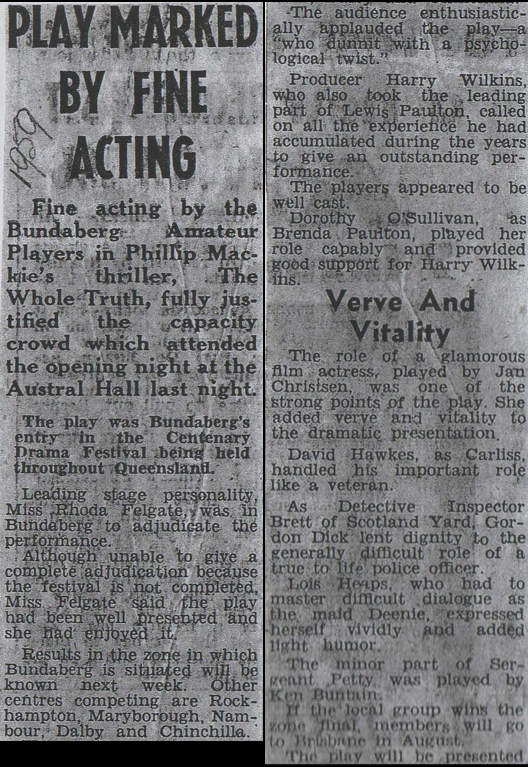 The Whole Truth newspaper clipping with heading of Play Marked By Fine Acting