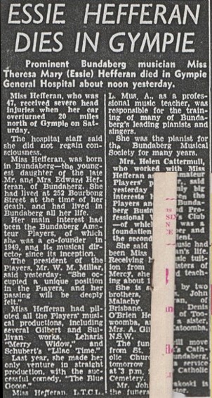 Newspaper clipping regarding the passing of Miss Essie Hefferan